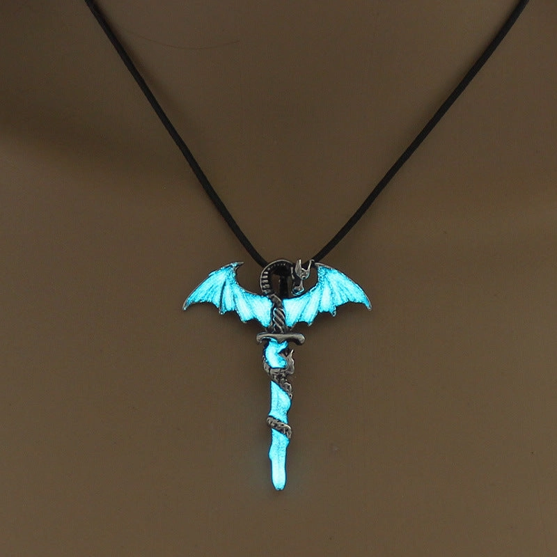 Wholesale Alloy Wing Dragon Ancient Silver Sword Night Glow Leather Rope Necklace
