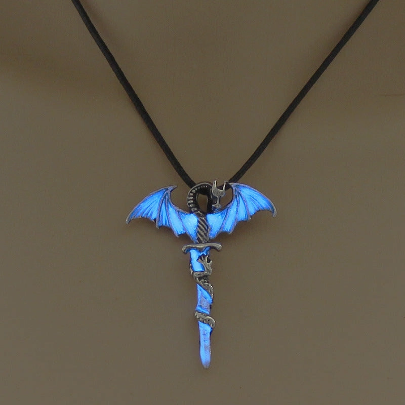 Wholesale Alloy Wing Dragon Ancient Silver Sword Night Glow Leather Rope Necklace