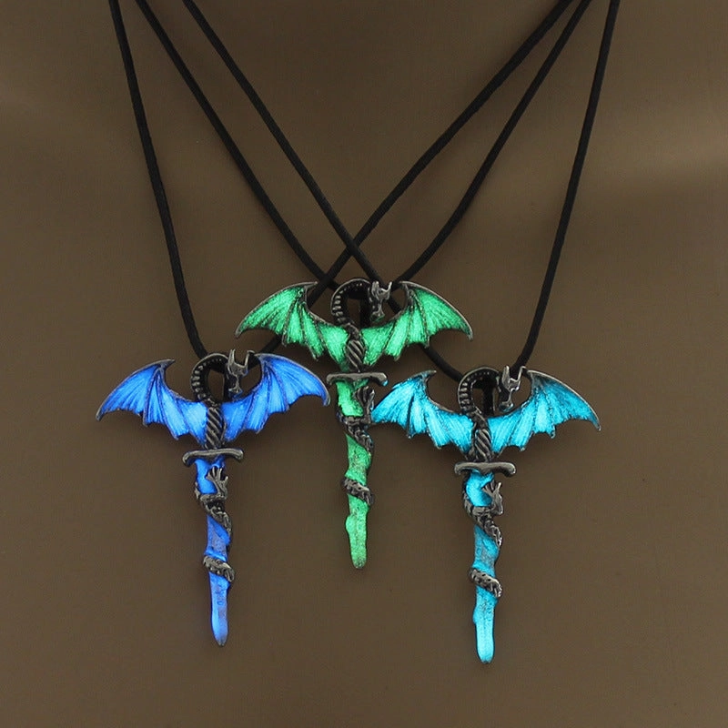 Wholesale Alloy Wing Dragon Ancient Silver Sword Night Glow Leather Rope Necklace