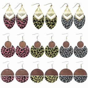 Wholesale Alloy Wood Board Reflective Leather Leopard Print Earrings