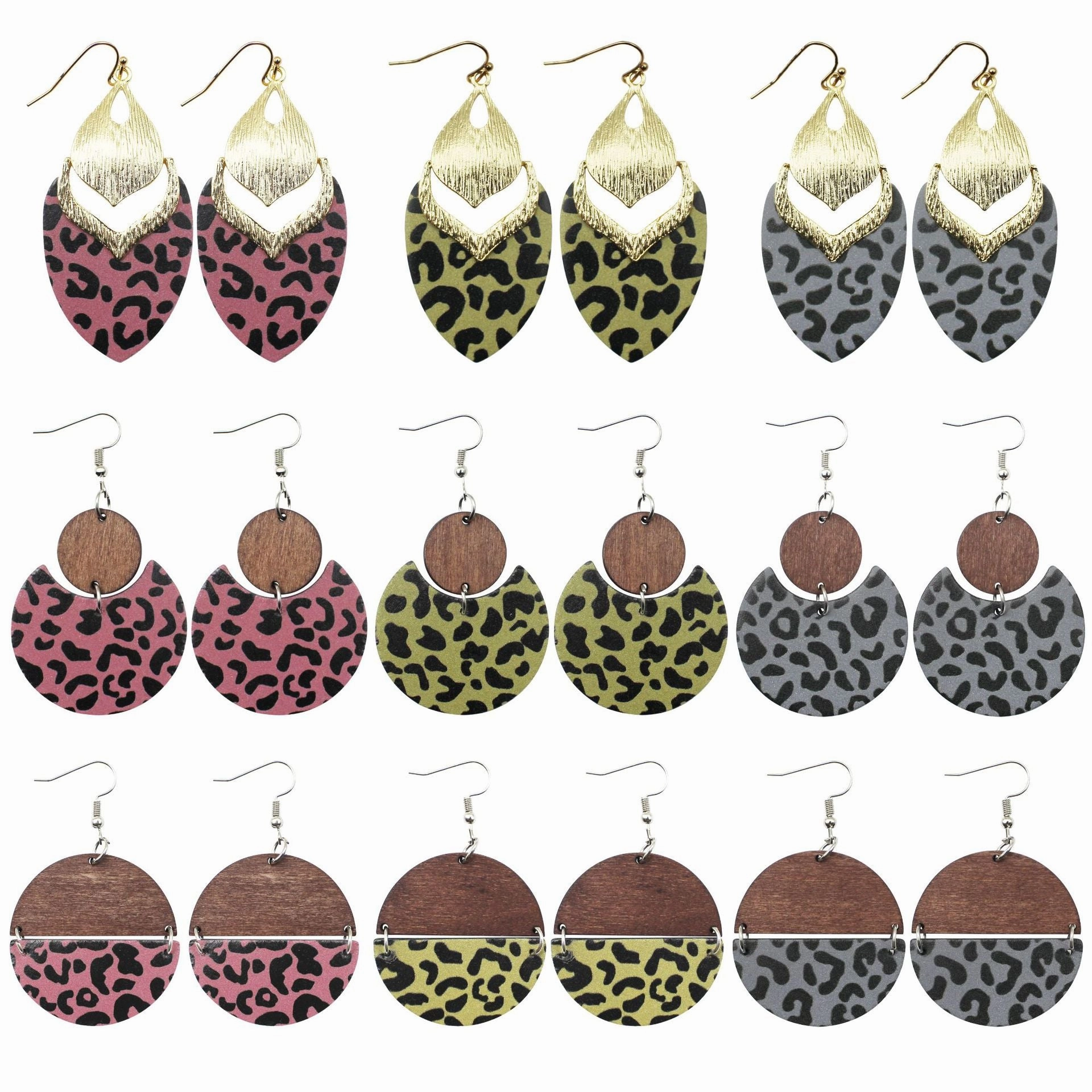 Wholesale Alloy Wood Board Reflective Leather Leopard Print Earrings
