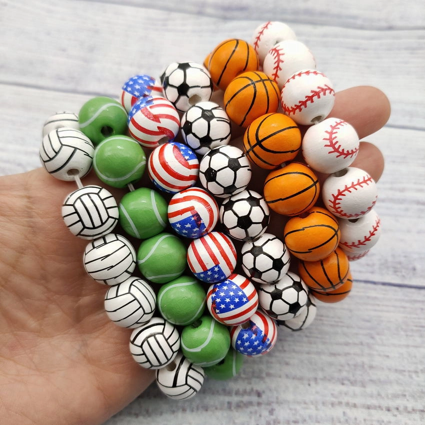 Wholesale American Flag Baseball Softball Basketball Soccer Volleyball Wooden Beads Bracelet