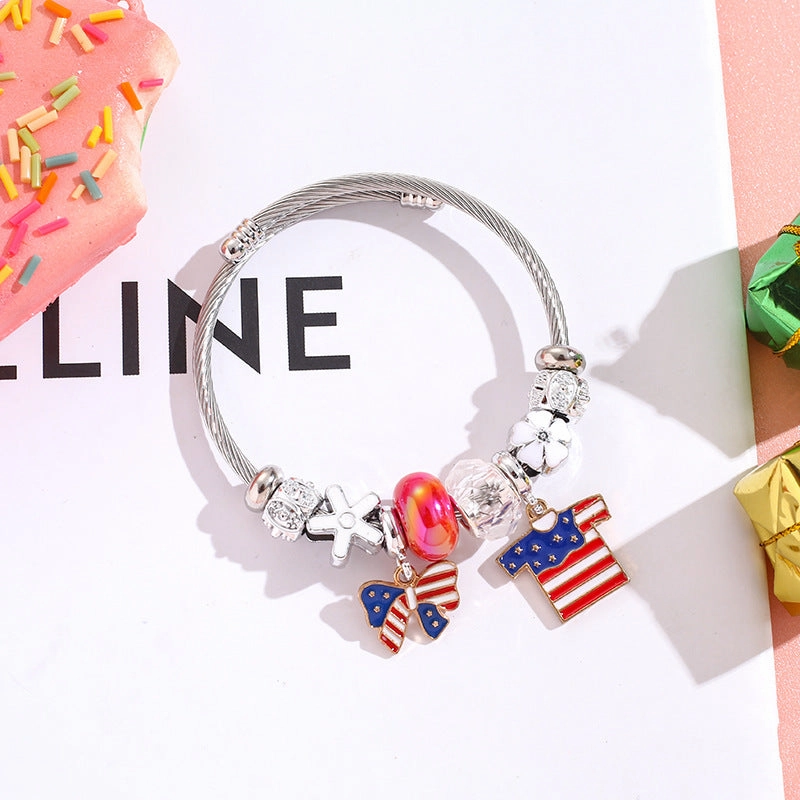 Wholesale American Flag Love Balloon Pendant Stainless Steel Beaded Bracelet