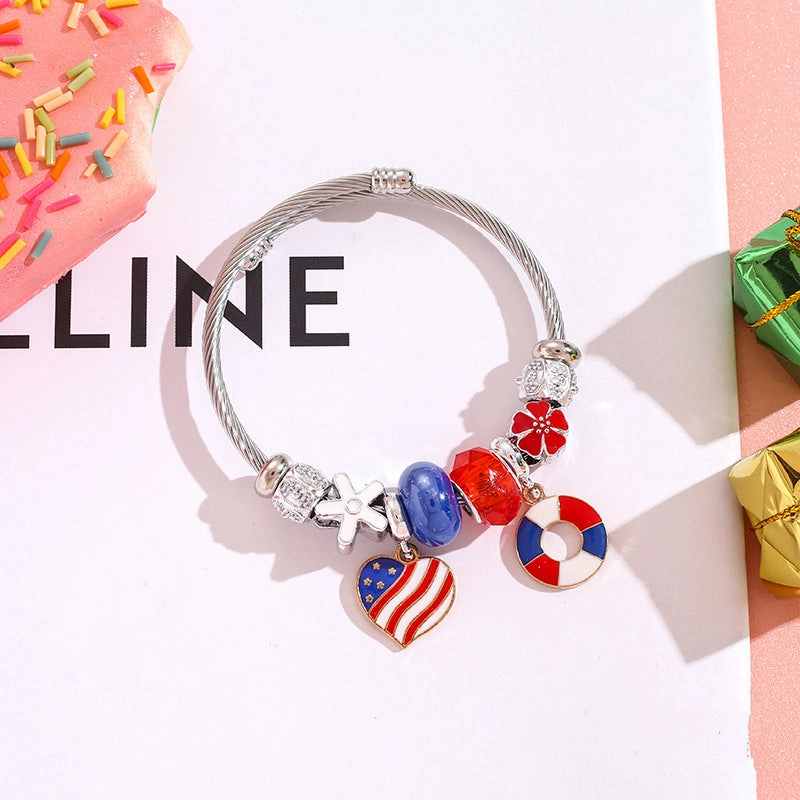 Wholesale American Flag Love Balloon Pendant Stainless Steel Beaded Bracelet