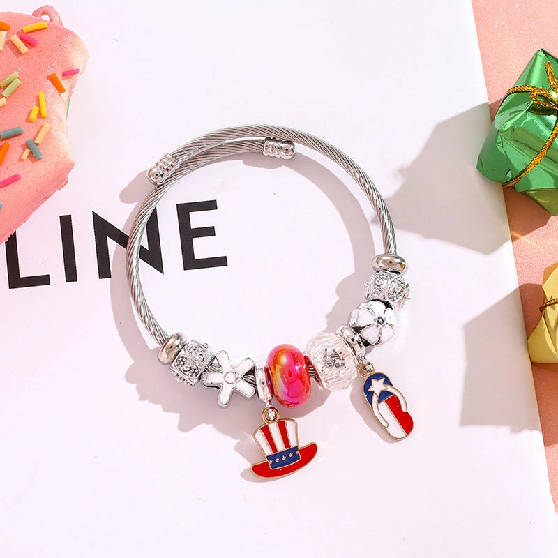 Wholesale American Flag Love Balloon Pendant Stainless Steel Beaded Bracelet