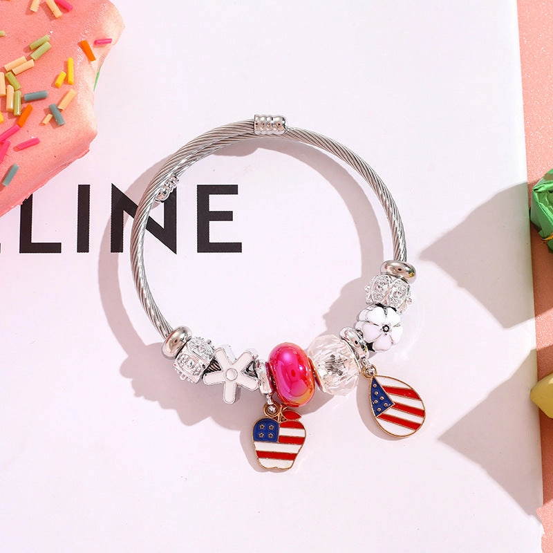 Wholesale American Flag Love Balloon Pendant Stainless Steel Beaded Bracelet