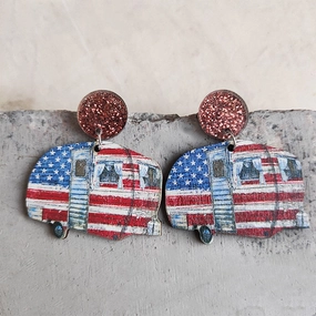 Wholesale American Independence Day Leopard Print Small Flower RV Camping Wooden Earrings
