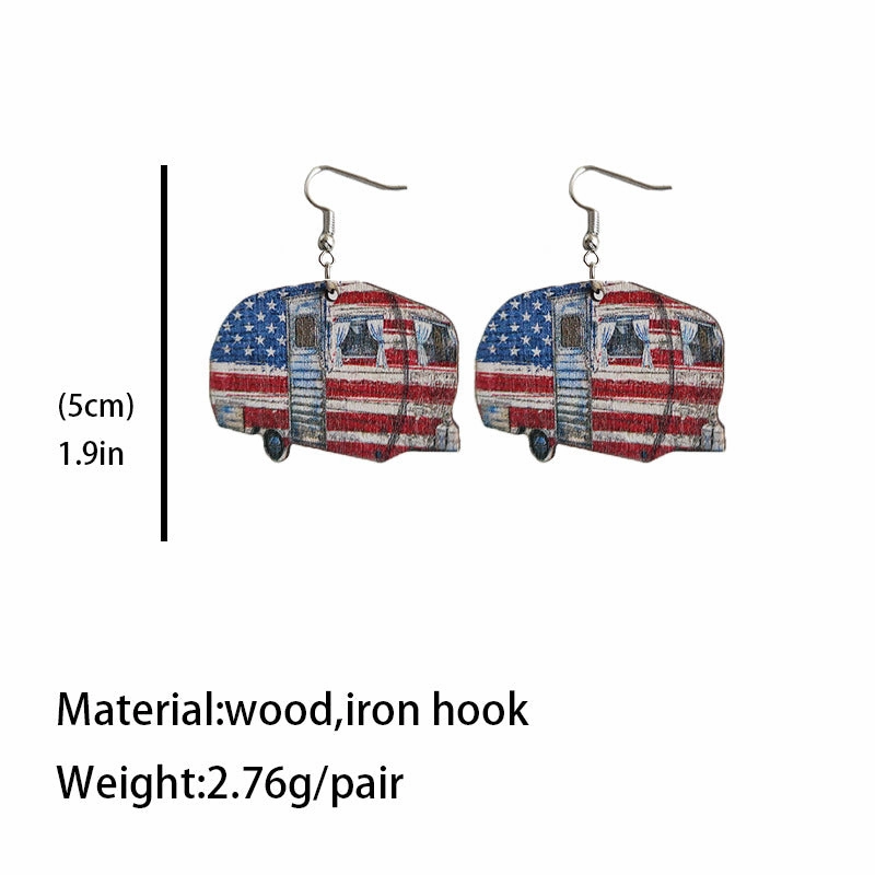 Wholesale American Independence Day Leopard Print Small Flower RV Camping Wooden Earrings