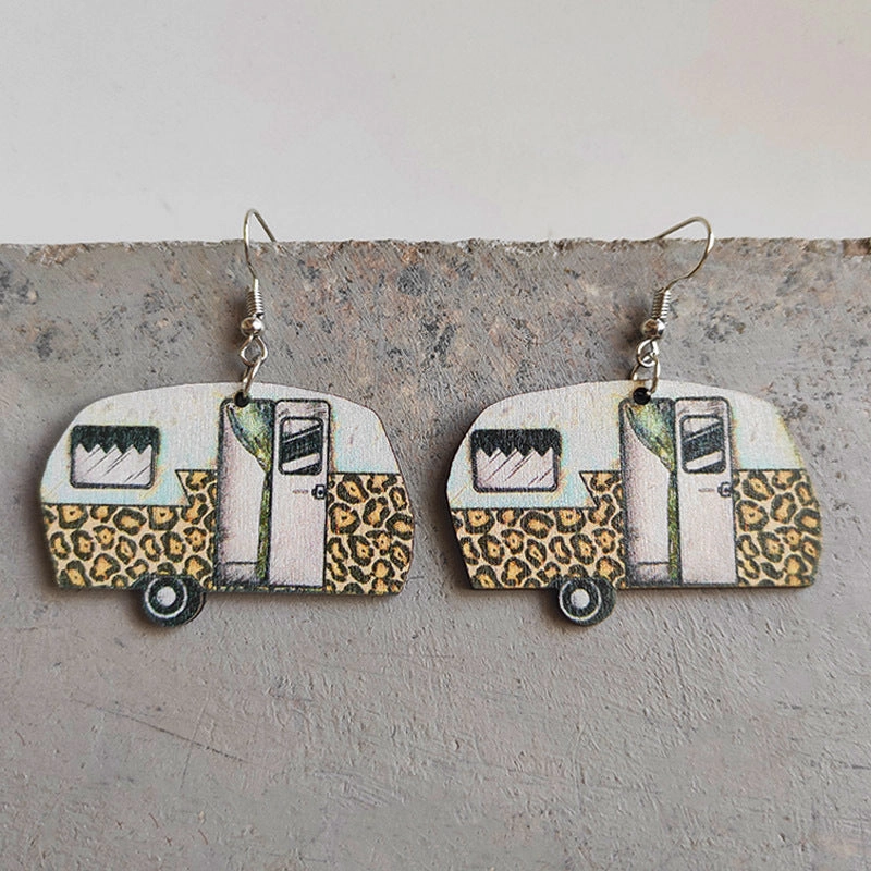Wholesale American Independence Day Leopard Print Small Flower RV Camping Wooden Earrings