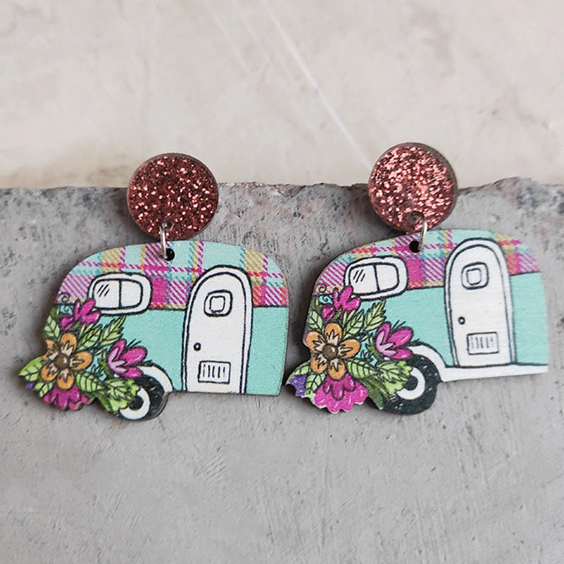 Wholesale American Independence Day Leopard Print Small Flower RV Camping Wooden Earrings