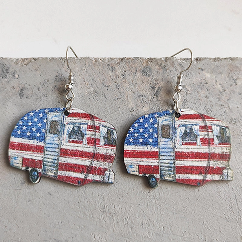 Wholesale American Independence Day Leopard Print Small Flower RV Camping Wooden Earrings