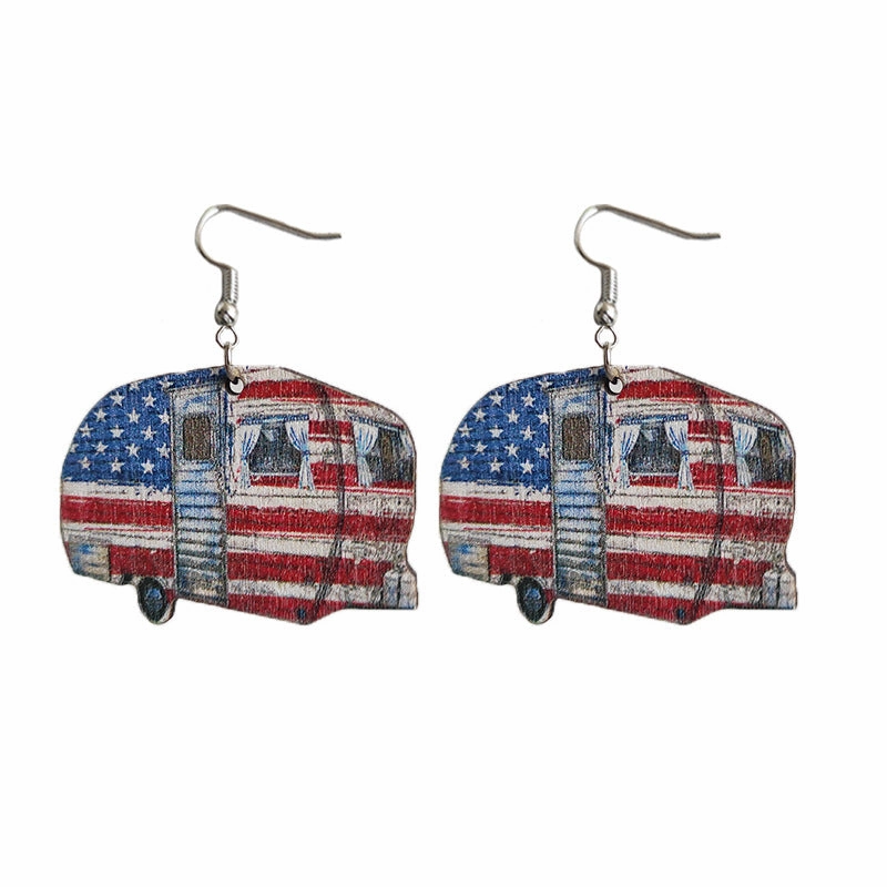 Wholesale American Independence Day Leopard Print Small Flower RV Camping Wooden Earrings