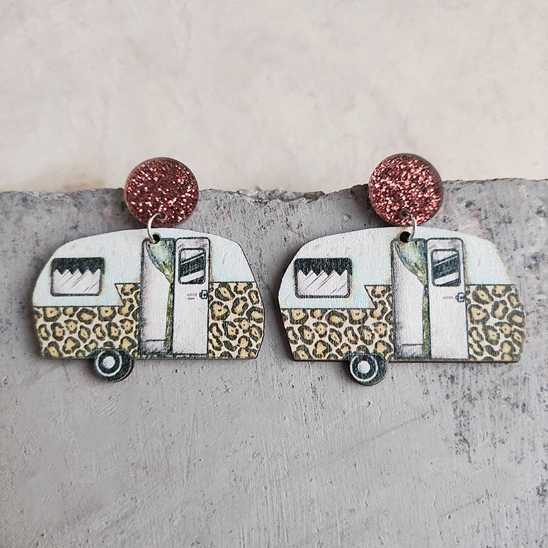 Wholesale American Independence Day Leopard Print Small Flower RV Camping Wooden Earrings