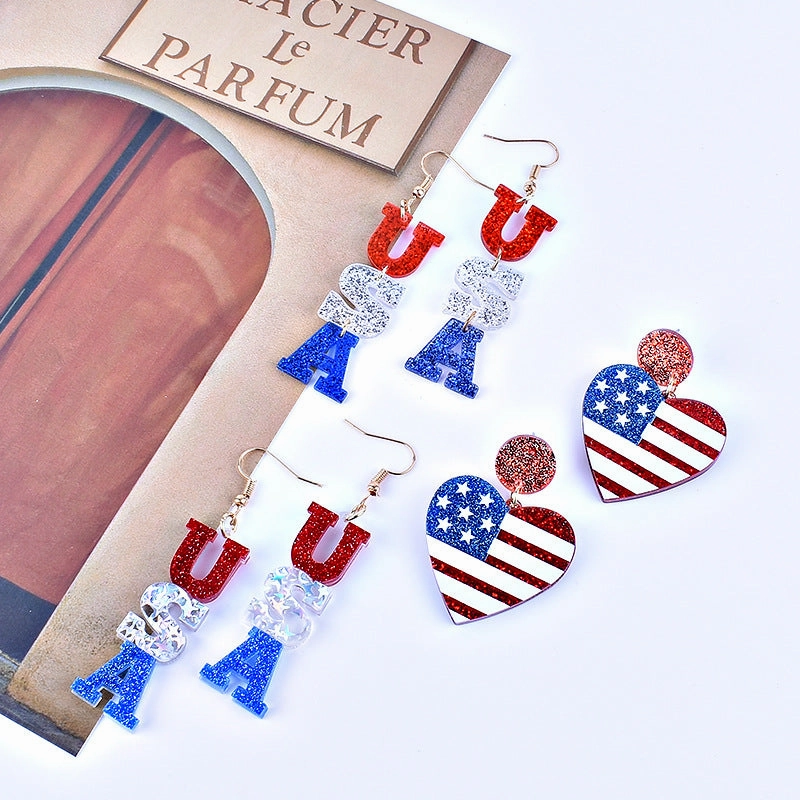 Wholesale American Independence Day Red White and Blue Striped Flag Love Heart Five-pointed Star Earrings
