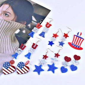 Wholesale American Independence Day Red White and Blue Striped Flag Love Heart Five-pointed Star Earrings