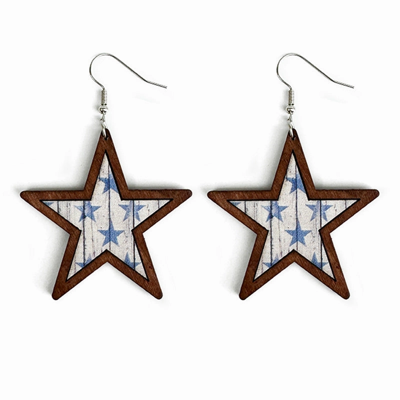 Wholesale American Independence Day Western Style Five-pointed Star Wooden Earrings
