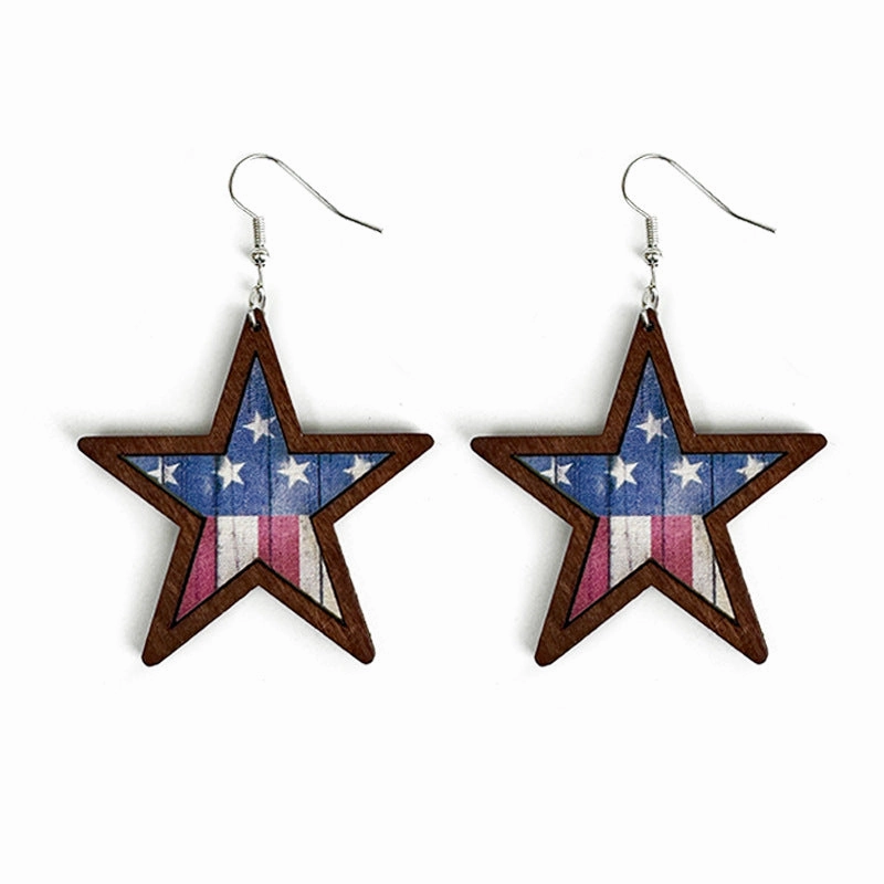 Wholesale American Independence Day Western Style Five-pointed Star Wooden Earrings