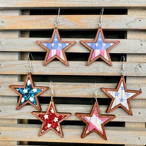 Wholesale American Independence Day Western Style Five-pointed Star Wooden Earrings