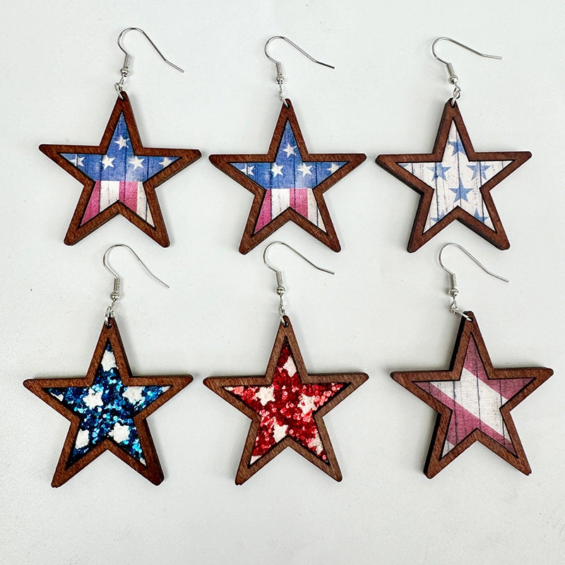 Wholesale American Independence Day Western Style Five-pointed Star Wooden Earrings