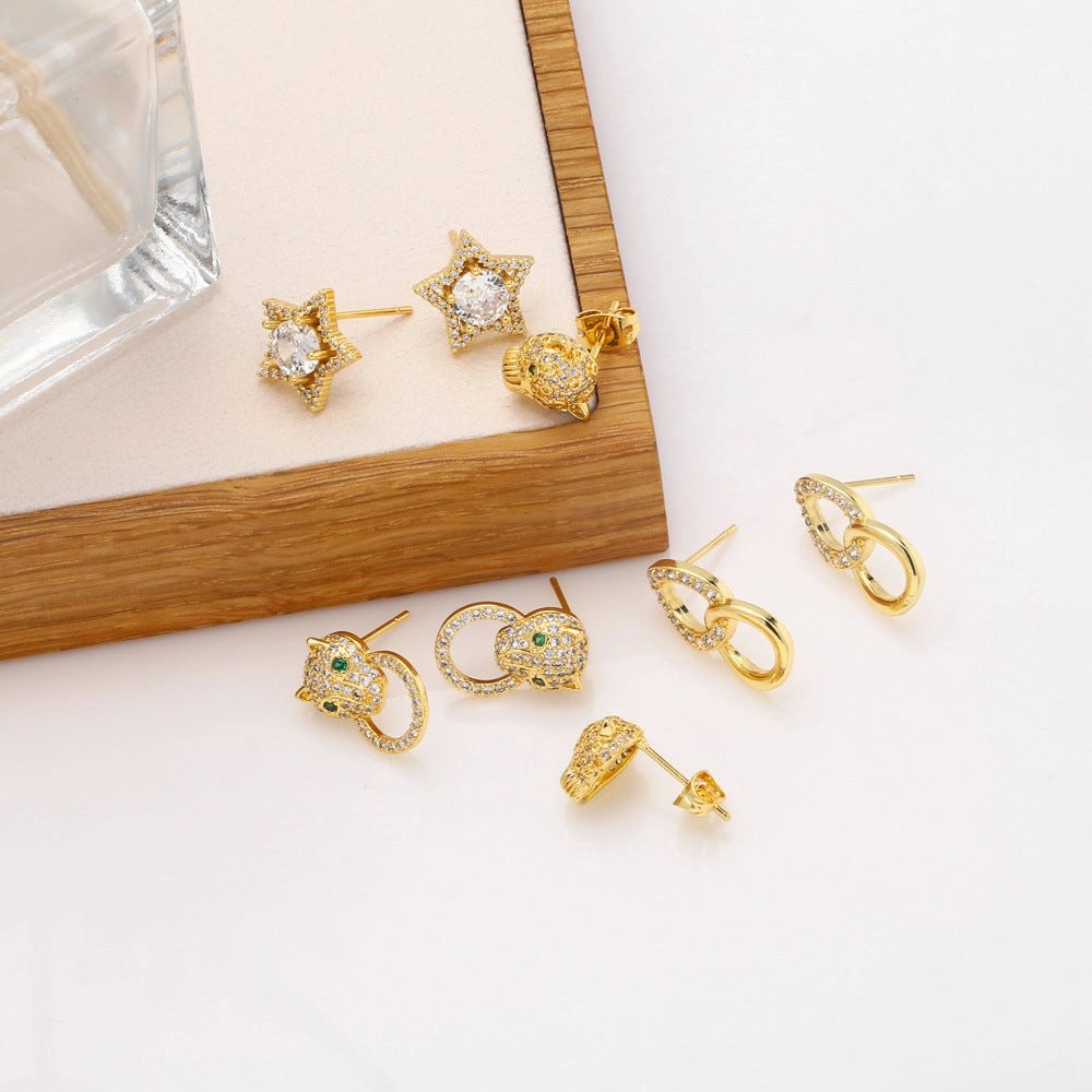 Wholesale Animal Leopard Head Copper Ear Studs