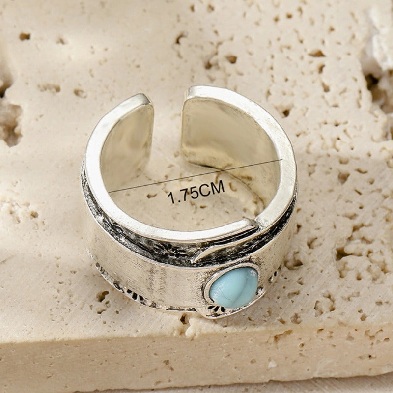 Wholesale Antique Silver Wide-rim Sunflower Pattern Turquoise Open Ring