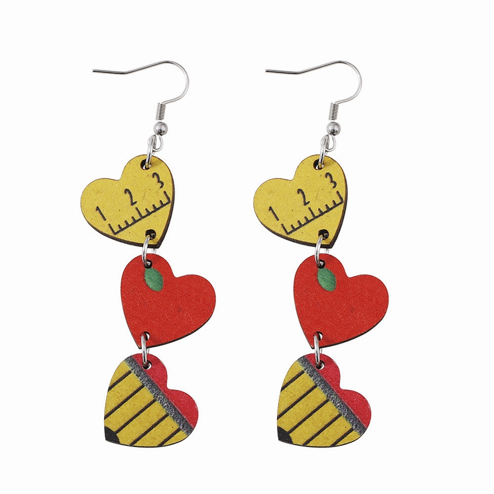 Wholesale Apple Pencil Ruler Heart Wooden Earrings
