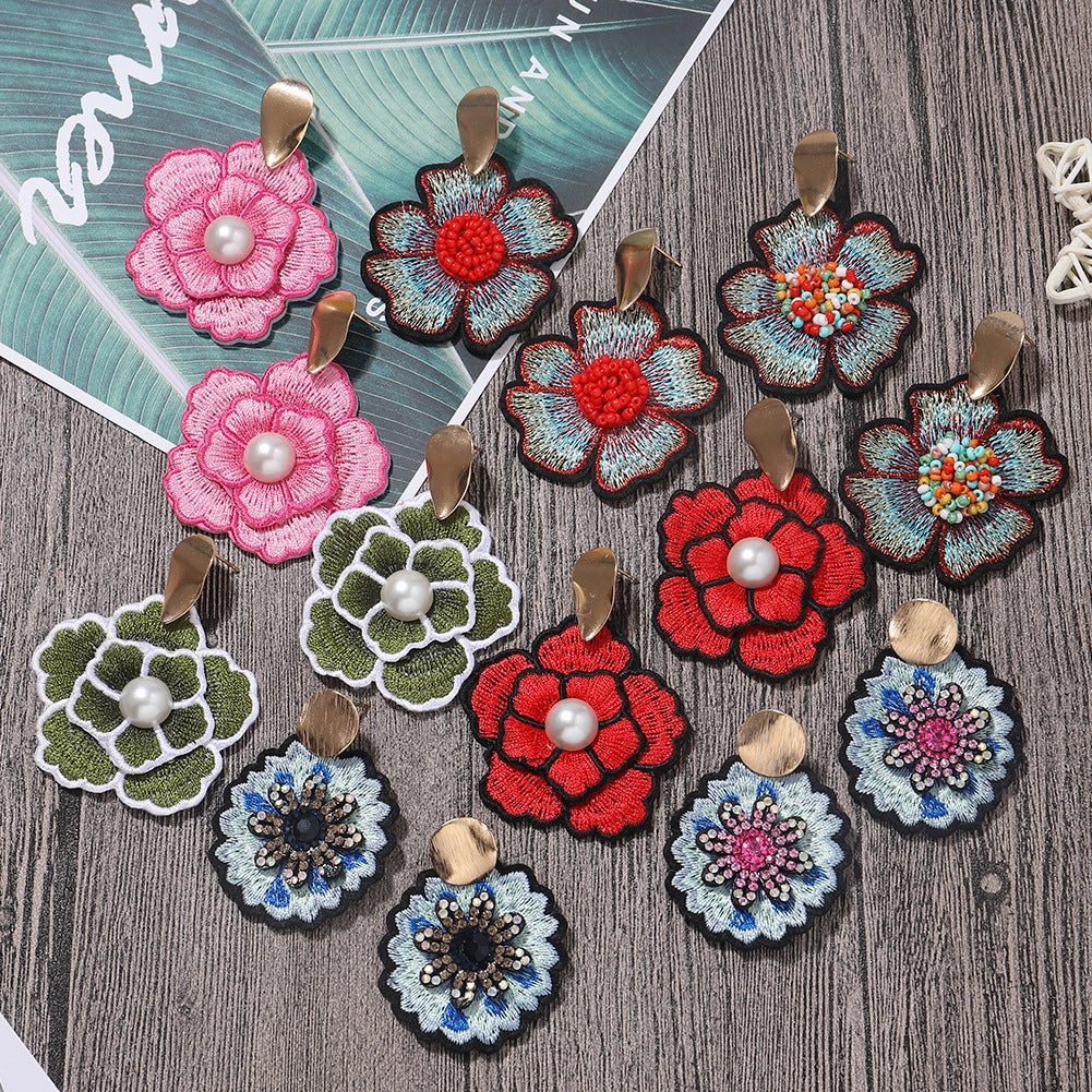 Wholesale Art Flower Rose Embroidery Earrings