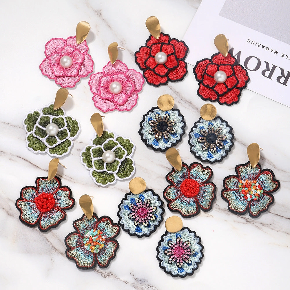 Wholesale Art Flower Rose Embroidery Earrings