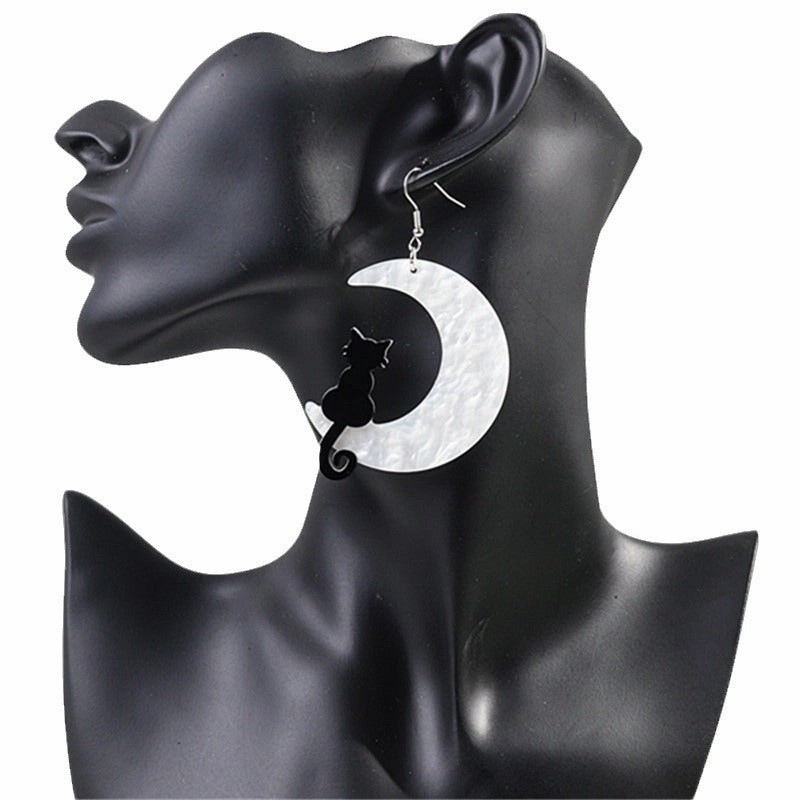 Wholesale Asymmetric Acrylic Moon Cat Creative Exaggerated Earrings
