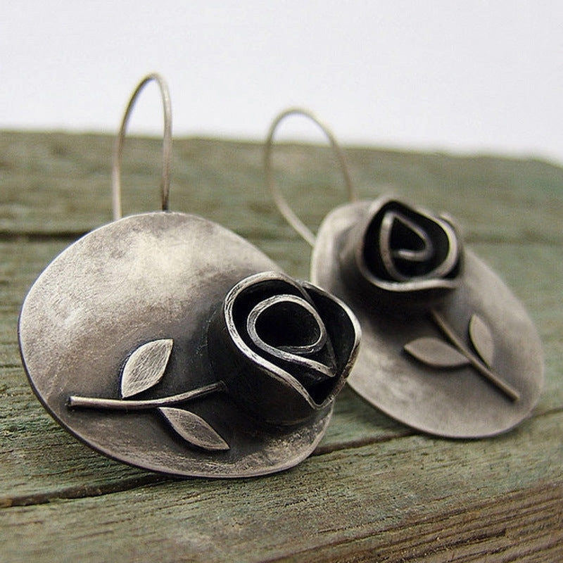 Wholesale Asymmetric Leaf Rose Flower Metal Earrings
