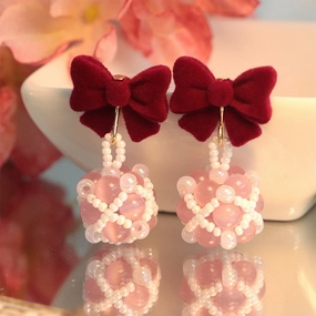 Wholesale Autumn and Winter Burgundy Bow Rice Bead Earrings