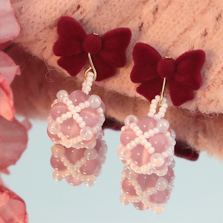 Wholesale Autumn and Winter Burgundy Bow Rice Bead Earrings