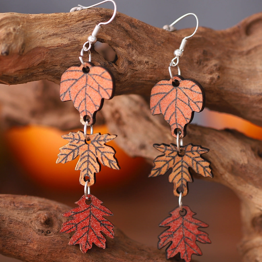 Wholesale Autumn Thanksgiving Maple Leaf Wooden Earrings