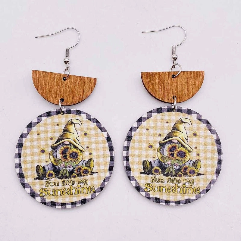 Wholesale Autumn Thanksgiving Turkey Gnome Sunflower Wooden Earrings