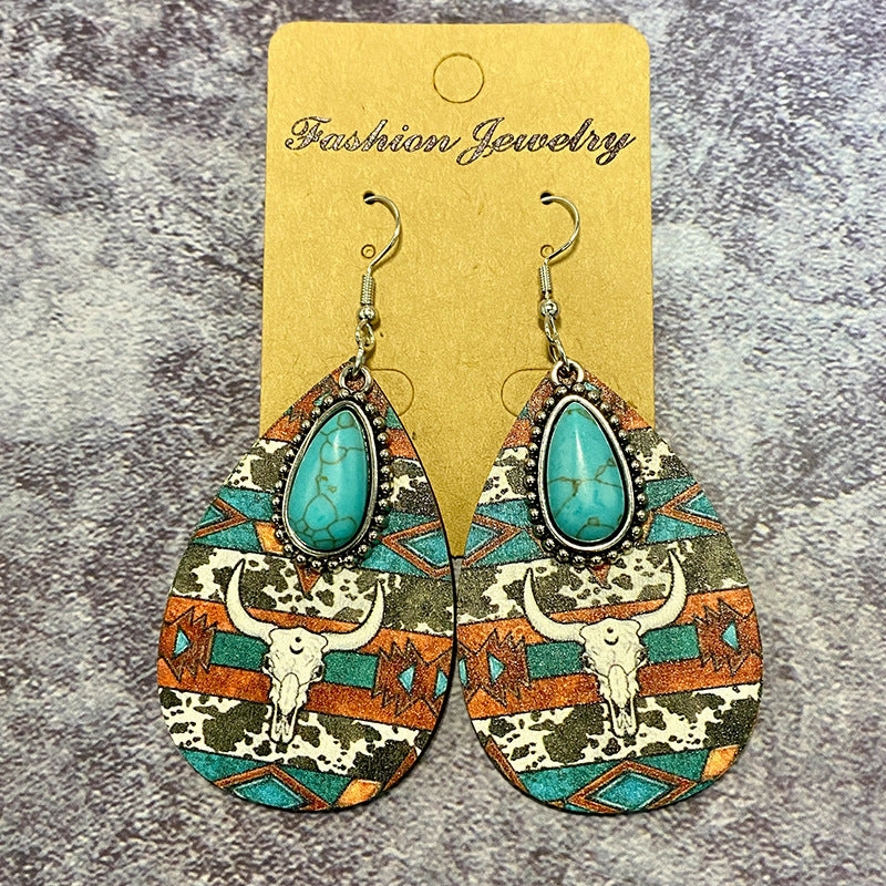 Wholesale Aztec Pattern Water Drop Wood Earrings