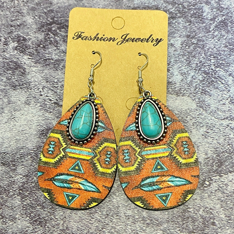Wholesale Aztec Pattern Water Drop Wood Earrings