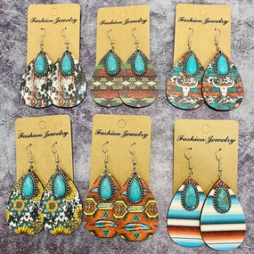 Wholesale Aztec Pattern Water Drop Wood Earrings