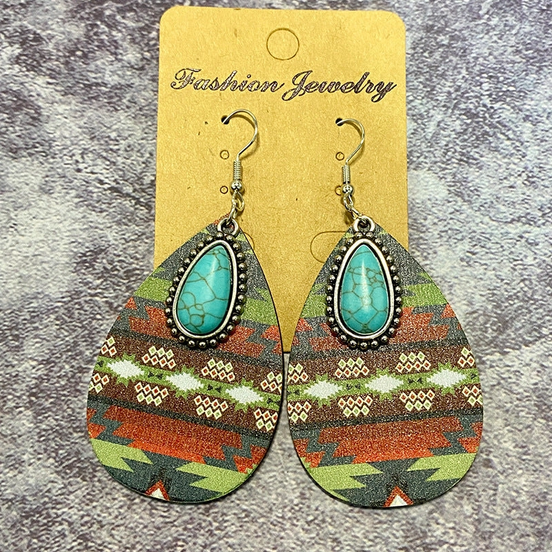 Wholesale Aztec Pattern Water Drop Wood Earrings