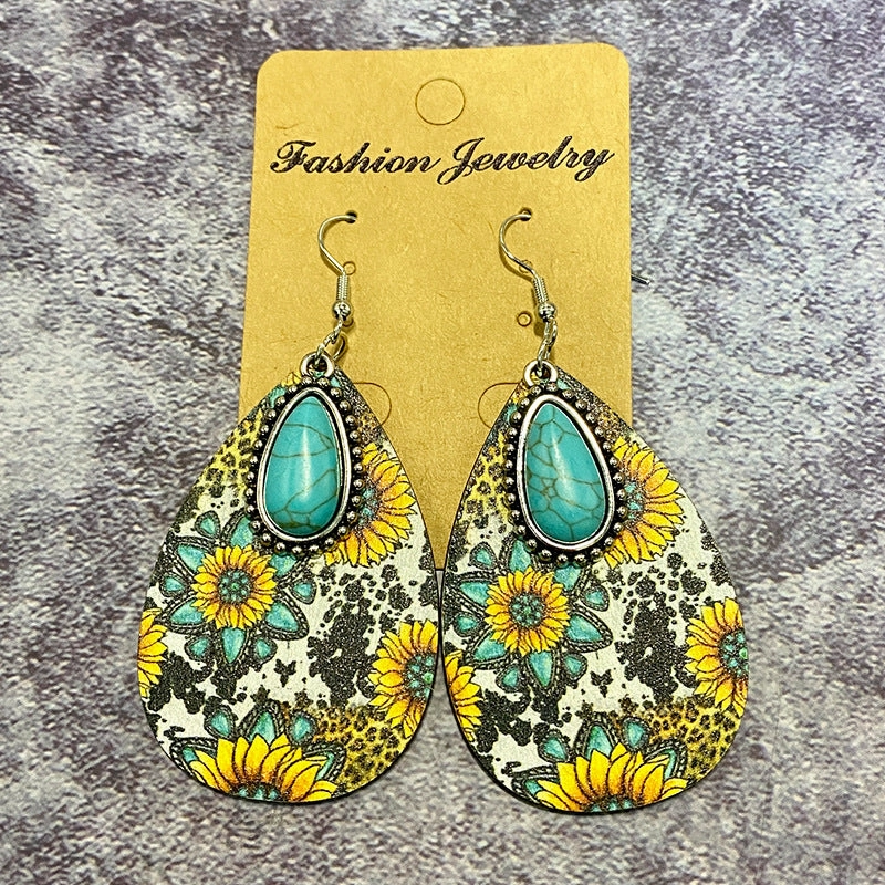 Wholesale Aztec Pattern Water Drop Wood Earrings