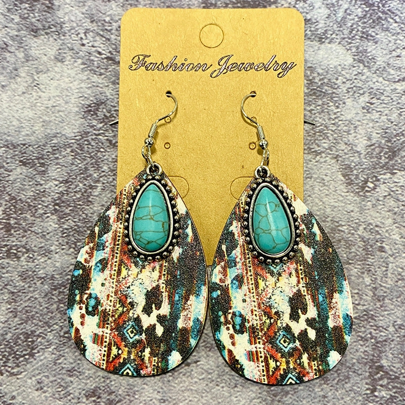 Wholesale Aztec Pattern Water Drop Wood Earrings