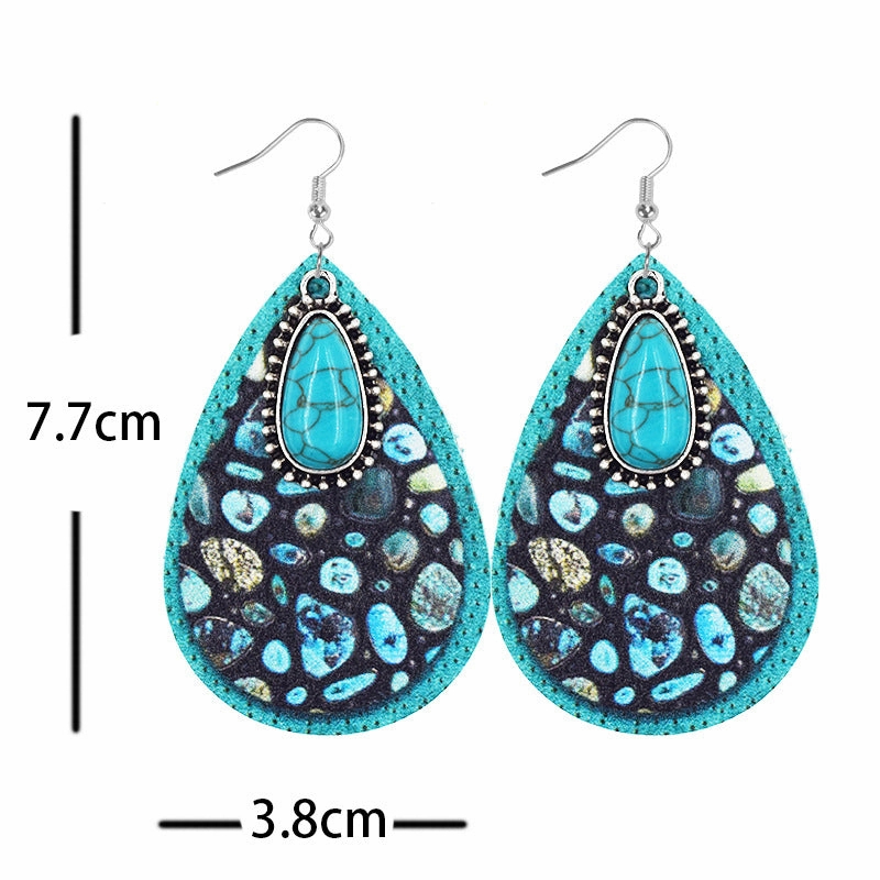 Wholesale Aztec Water Drop Alloy Turquoise Leather Earrings