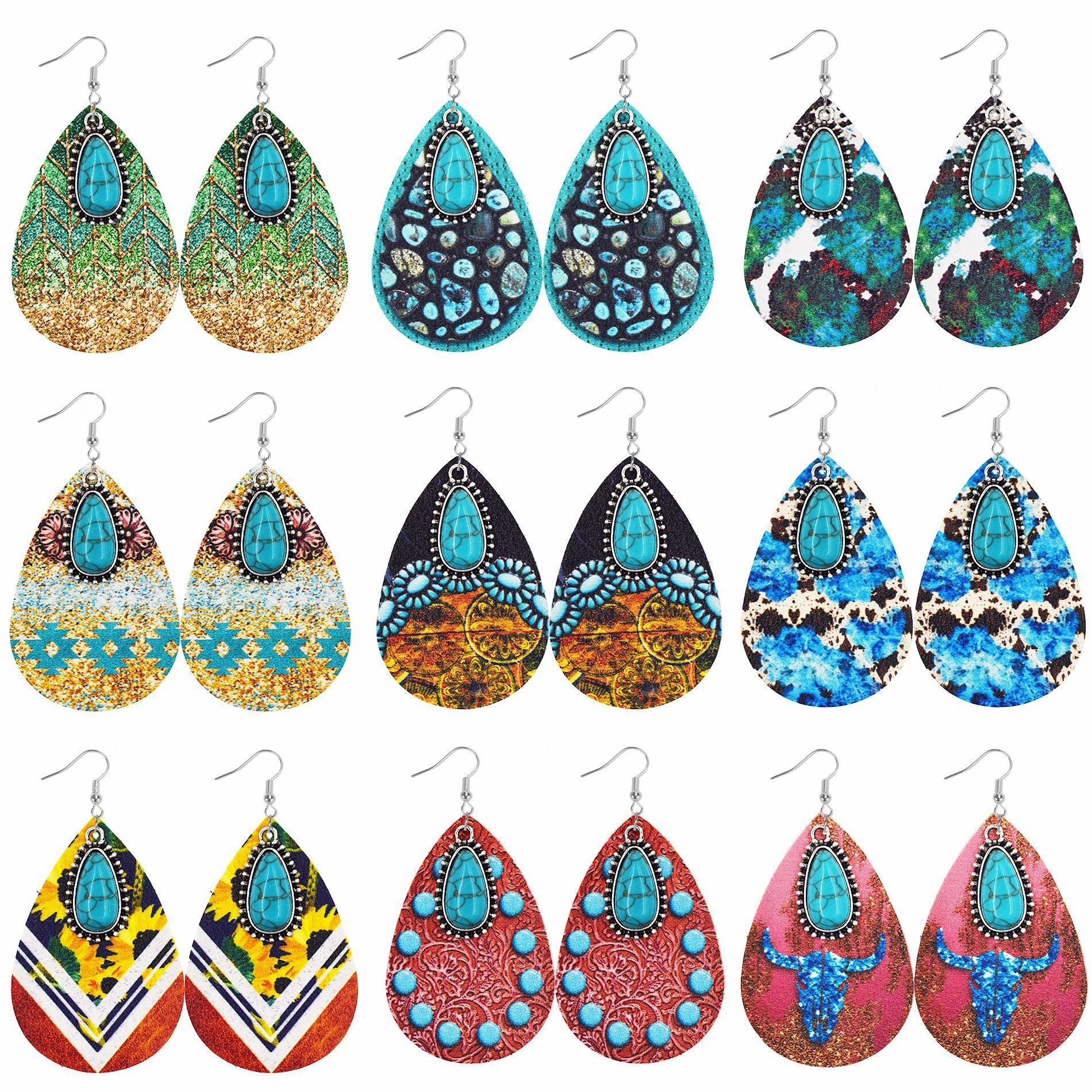 Wholesale Aztec Water Drop Alloy Turquoise Leather Earrings