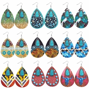 Wholesale Aztec Water Drop Alloy Turquoise Leather Earrings