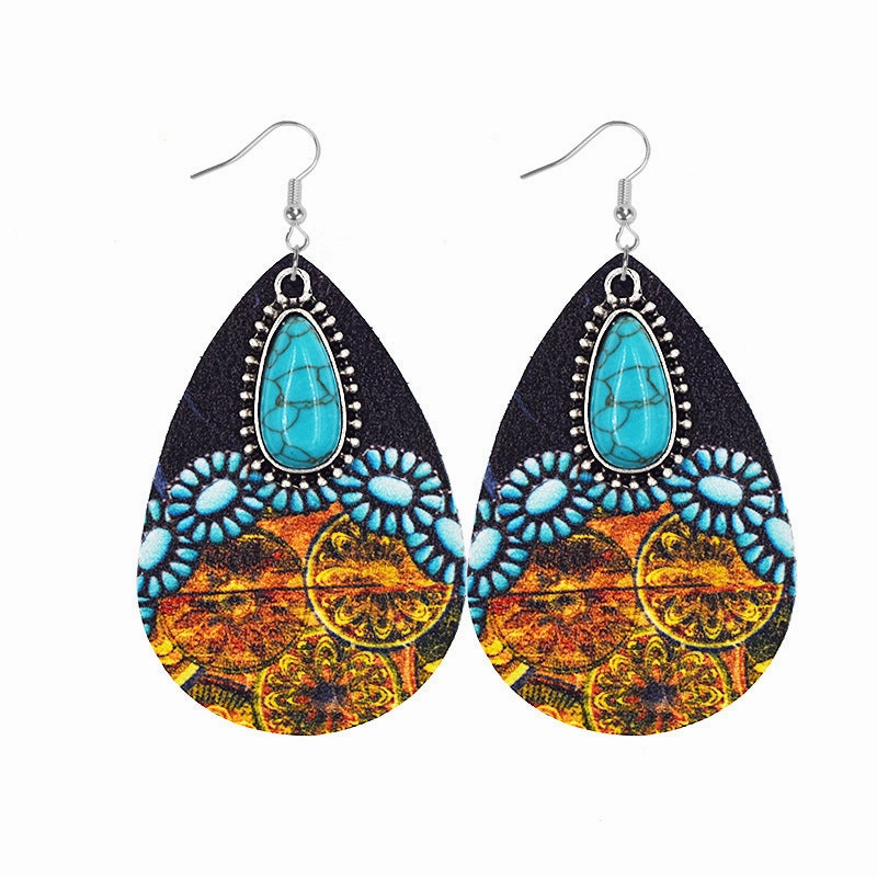 Wholesale Aztec Water Drop Alloy Turquoise Leather Earrings