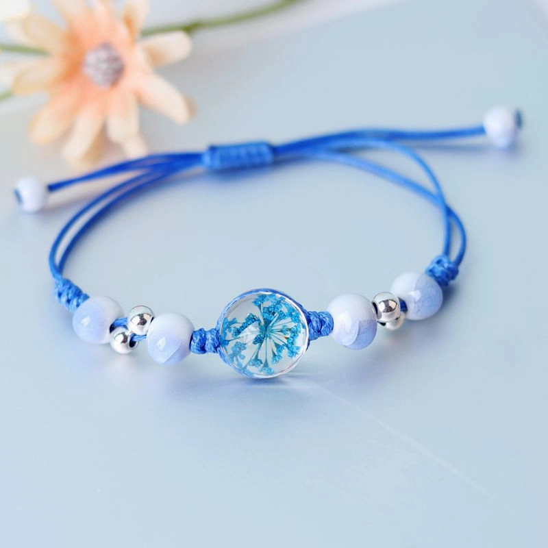 Wholesale Baby's Breath Dried Flowers Pull Adjustable Glass Ball Bracelet