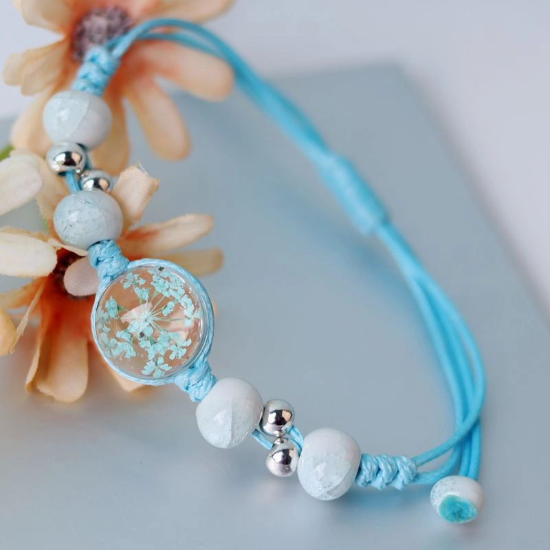 Wholesale Baby's Breath Dried Flowers Pull Adjustable Glass Ball Bracelet