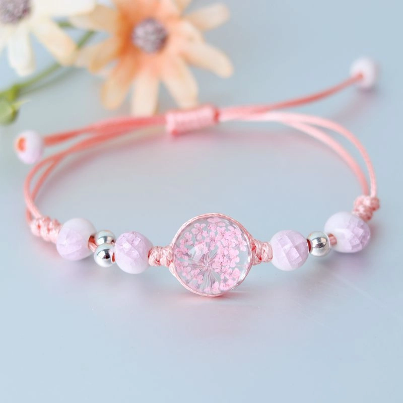 Wholesale Baby's Breath Dried Flowers Pull Adjustable Glass Ball Bracelet