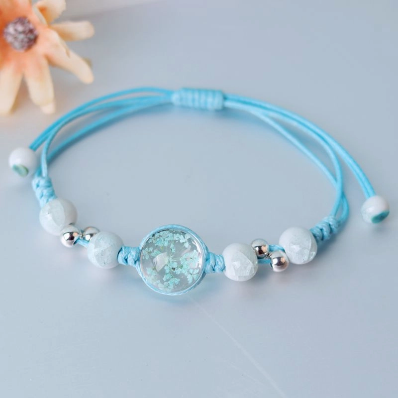 Wholesale Baby's Breath Dried Flowers Pull Adjustable Glass Ball Bracelet