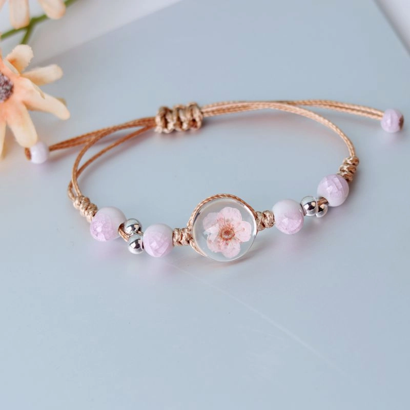 Wholesale Baby's Breath Dried Flowers Pull Adjustable Glass Ball Bracelet