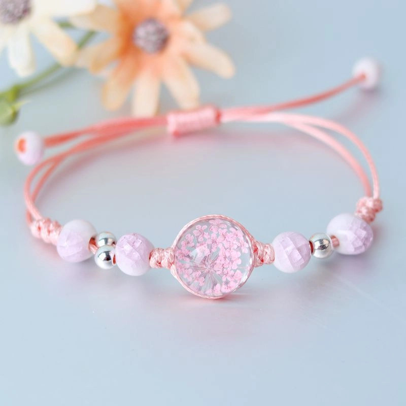 Wholesale Baby's Breath Dried Flowers Pull Adjustable Glass Ball Bracelet